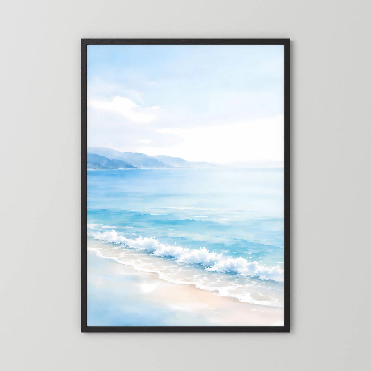 Wandbild mit Küste und Meerblick, vertikal, schwarzer Rahmen
