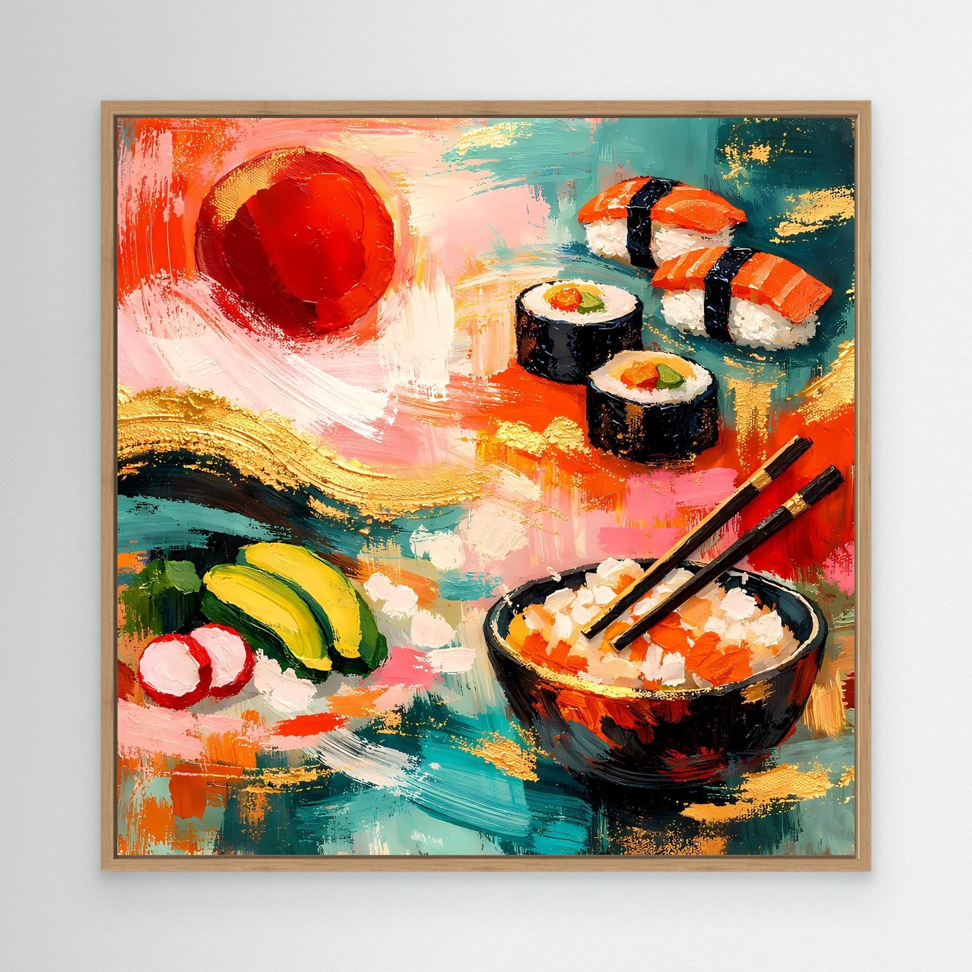 Leinwandbild mit Sushi-Motiv in hellem Holzrahmen: Maki, Nigiri, Schale und Stäbchen