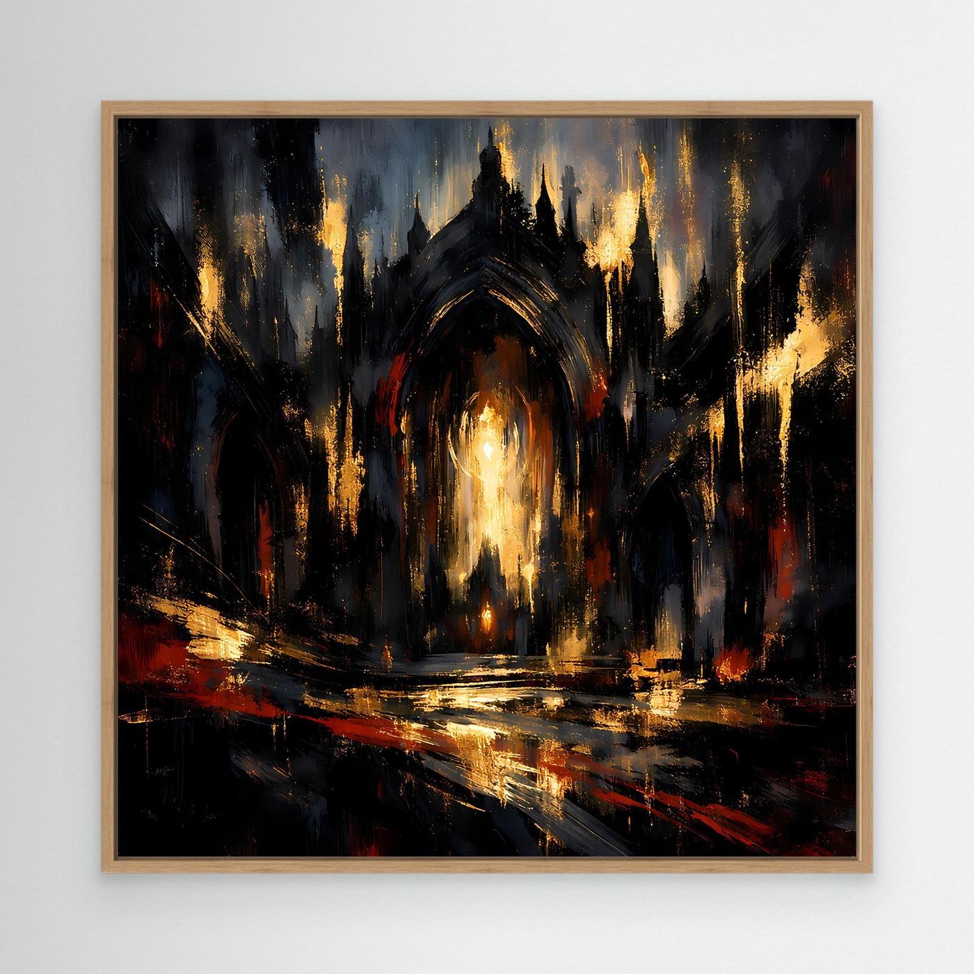 Abstraktes Leinwandbild mit Eichenrahmen, gotische Kathedrale dunkel, goldene Lichtakzente.