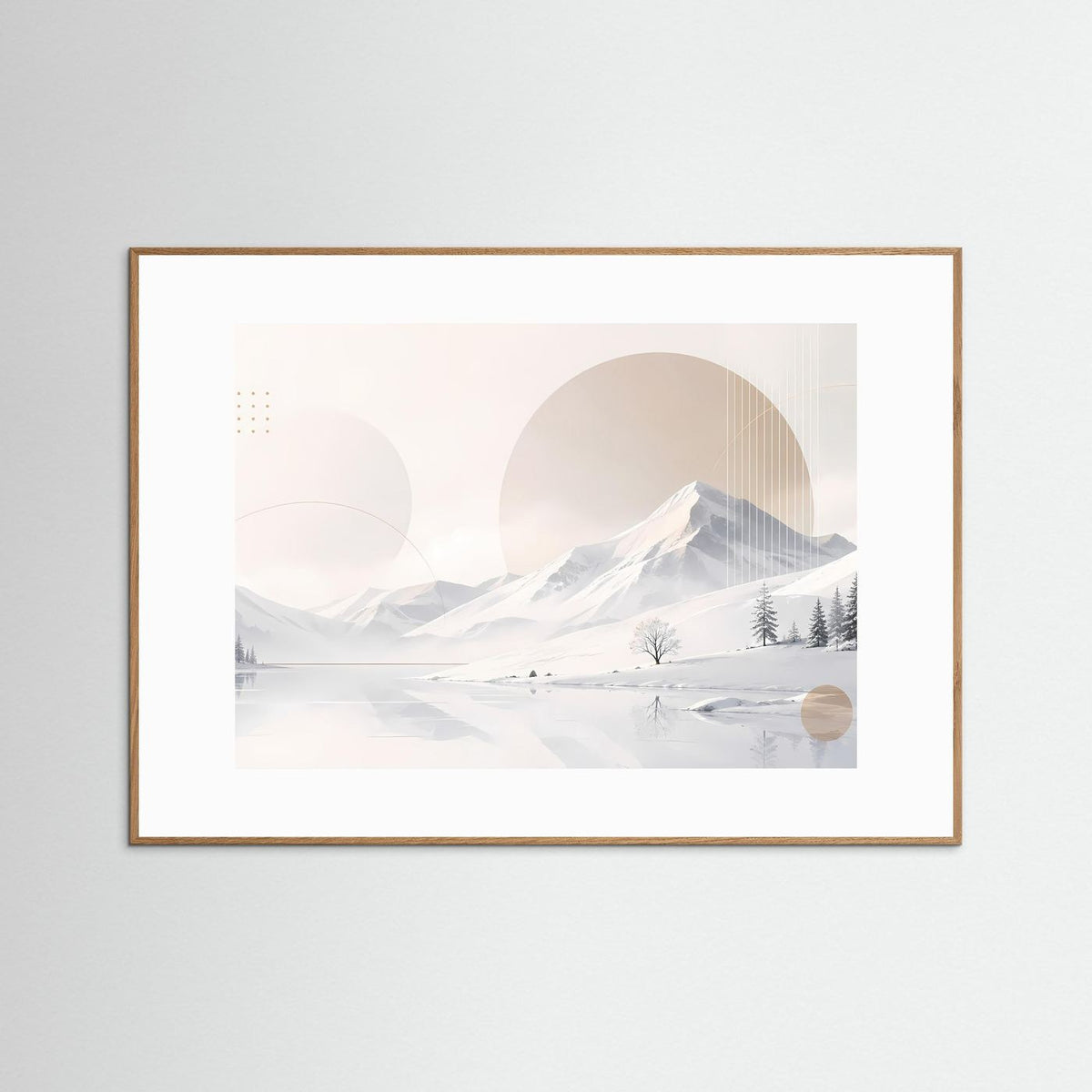 Querformatiges Poster mit winterlicher Berglandschaft in Weiß und Beige, Holzrahmen hellbraun