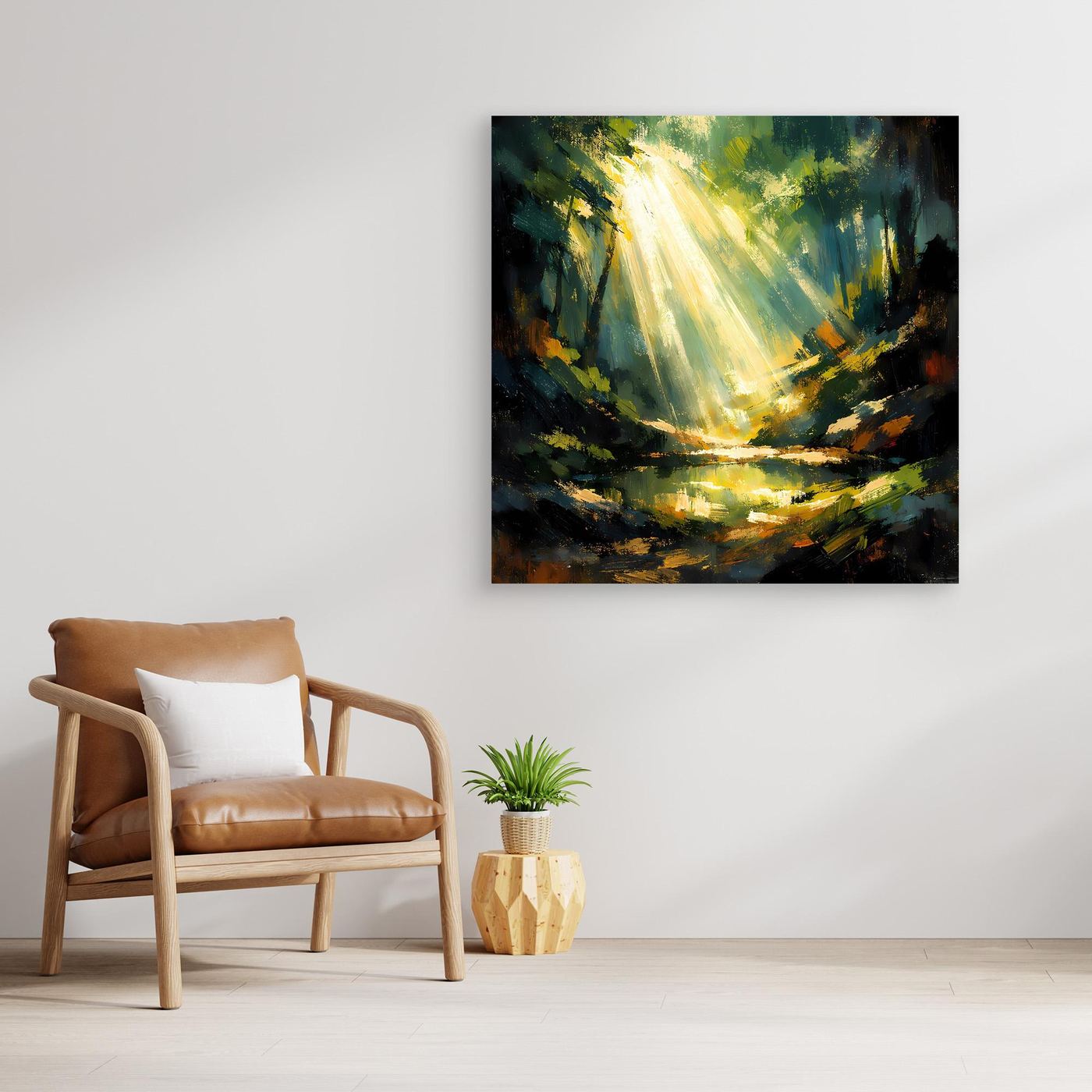 Leinwand-Wandbild: Wald-Teichszene mit goldenen Lichtstrahlen, dunkler Rahmen