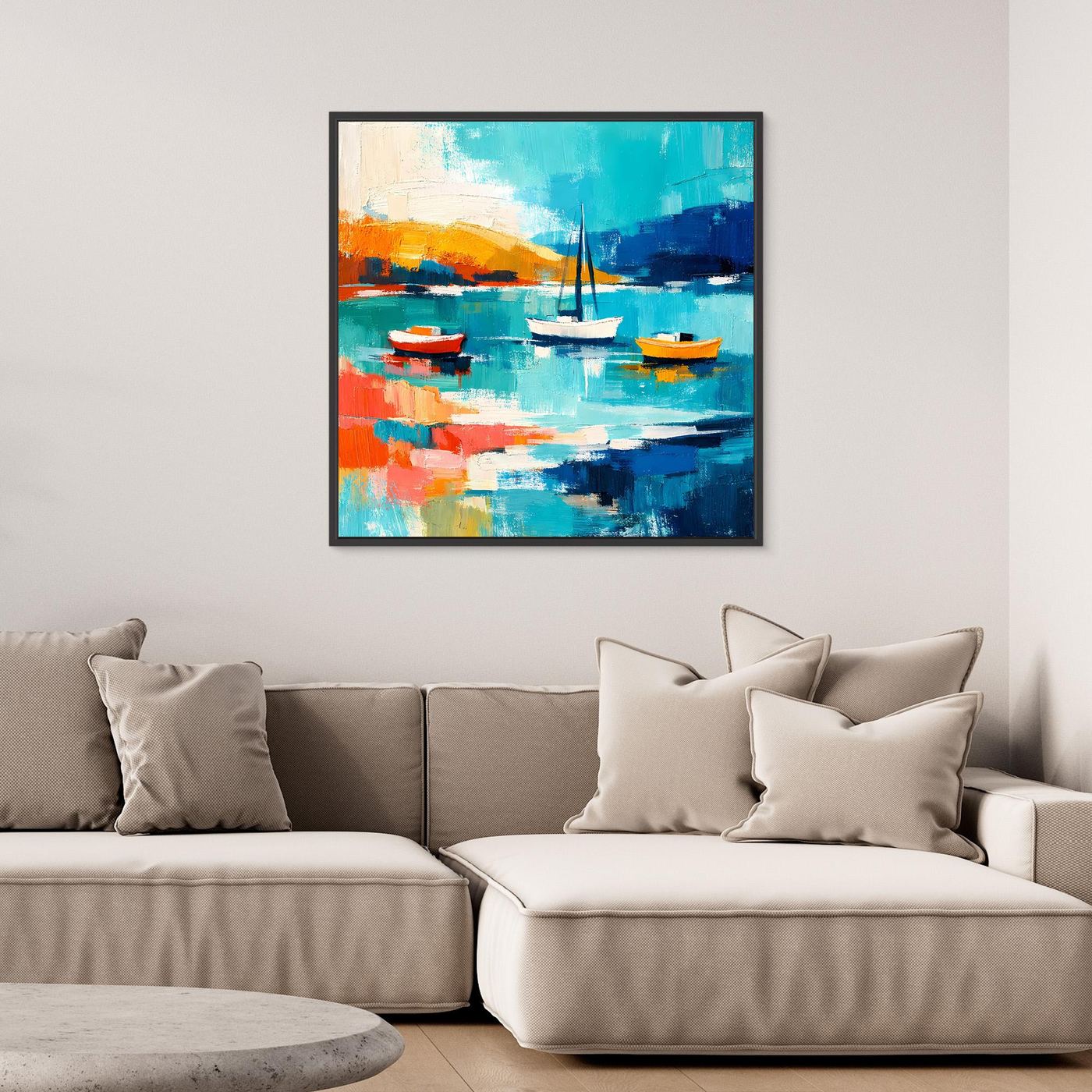 Abstract sailboat wall art with black frame, blue water with orange sail and boats