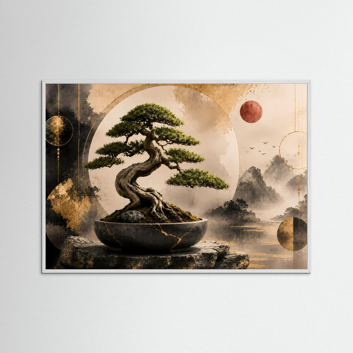 Poster im weißen Holzrahmen mit Bonsai-Baum in dunkler Schale, Zen-Gold-Optik