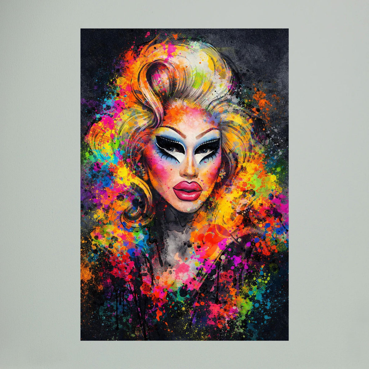 Hochformatiges Poster mit Drag-Queen-Porträt, bunte Farbspritzer um den Kopf.