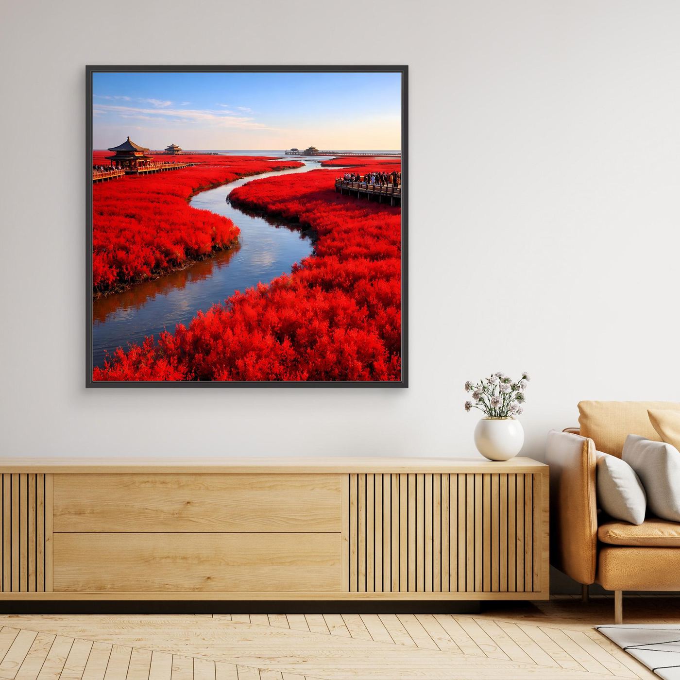 Gerahmtes Leinwandbild mit rotem Strand und Fluss, blauem Himmel, schwarzer Umrandung