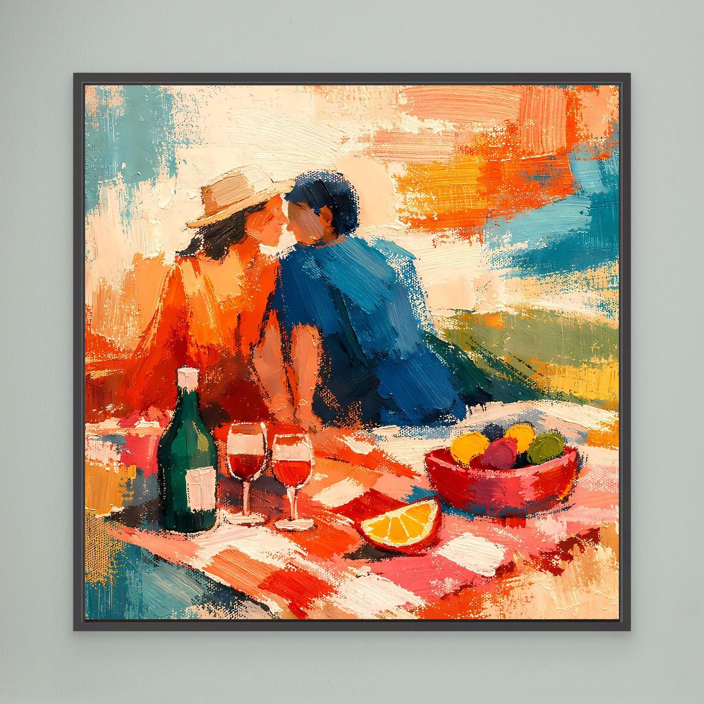 Leinwand-Wandbild mit abstraktem Picknick-Pärchen, dunkelgrauer Rahmen