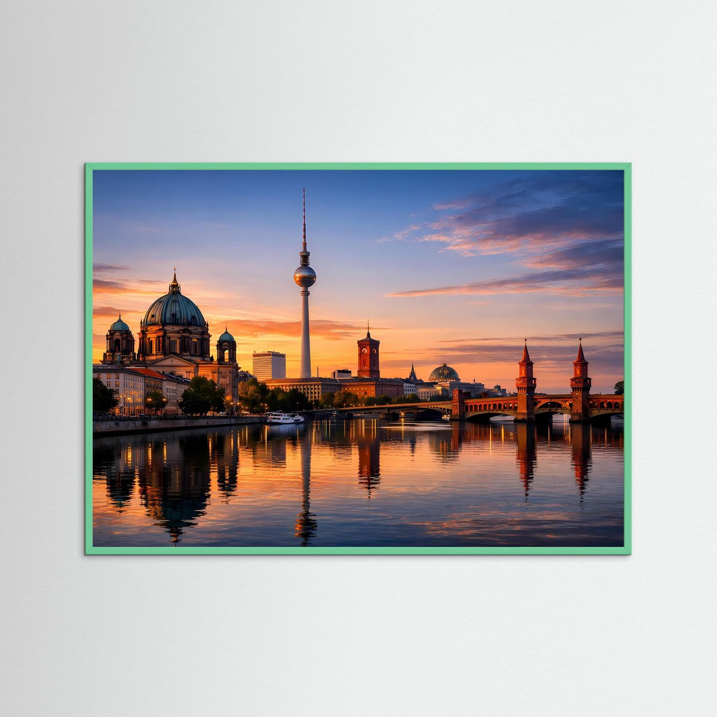 Poster im Querformat mit Berliner Skyline bei Sonnenuntergang, Fernsehturm und Dom, türkis/grüner Rahmen