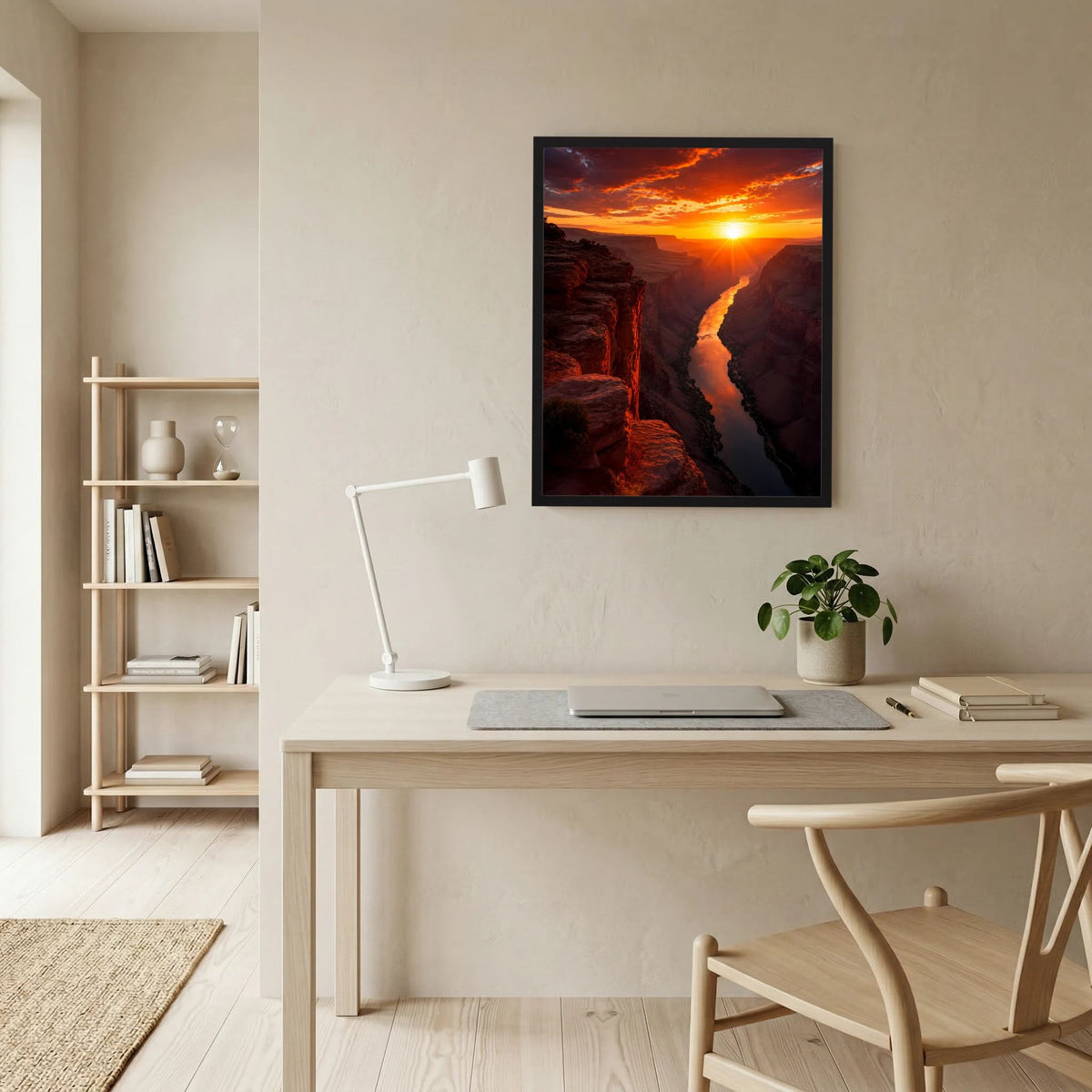 Hochformat-Poster mit Fluss zwischen Felsen und Sonne am Horizont