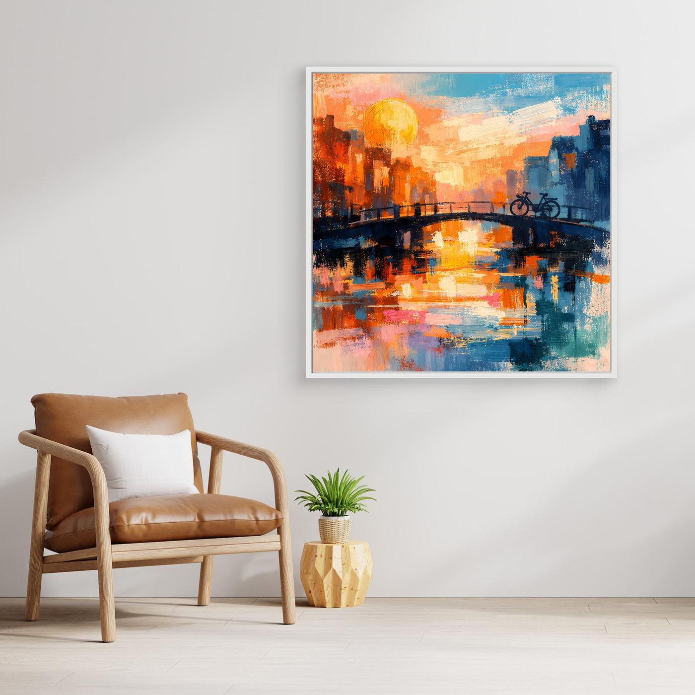 Leinwand Abstraktes Amsterdam Gemälde | Modernes Romantisches Grachten Wandbild mit Fahrrad