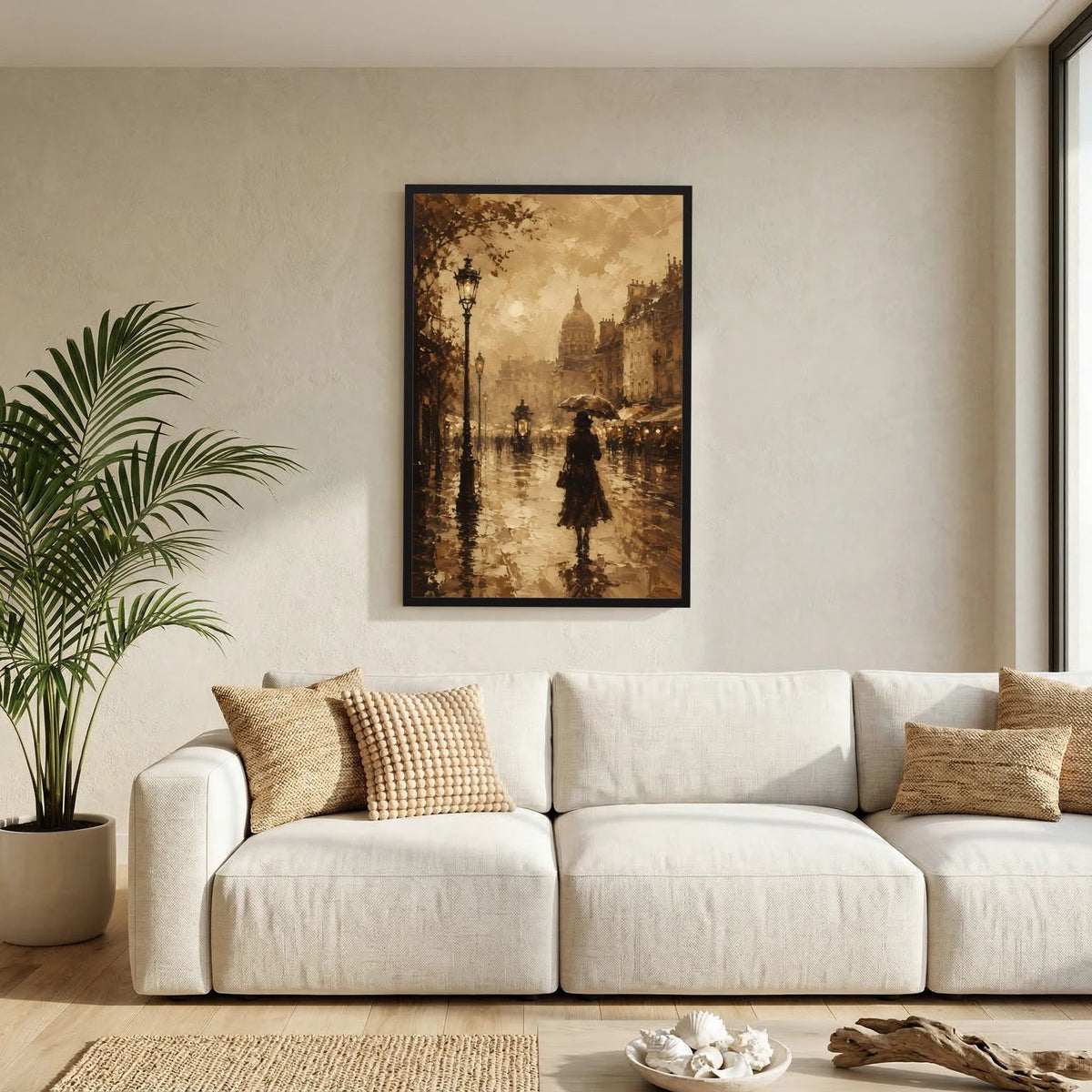 Hochformatiges Sepia-Stadtposter mit Laternen und Frau mit Regenschirm im schwarzen Rahmen