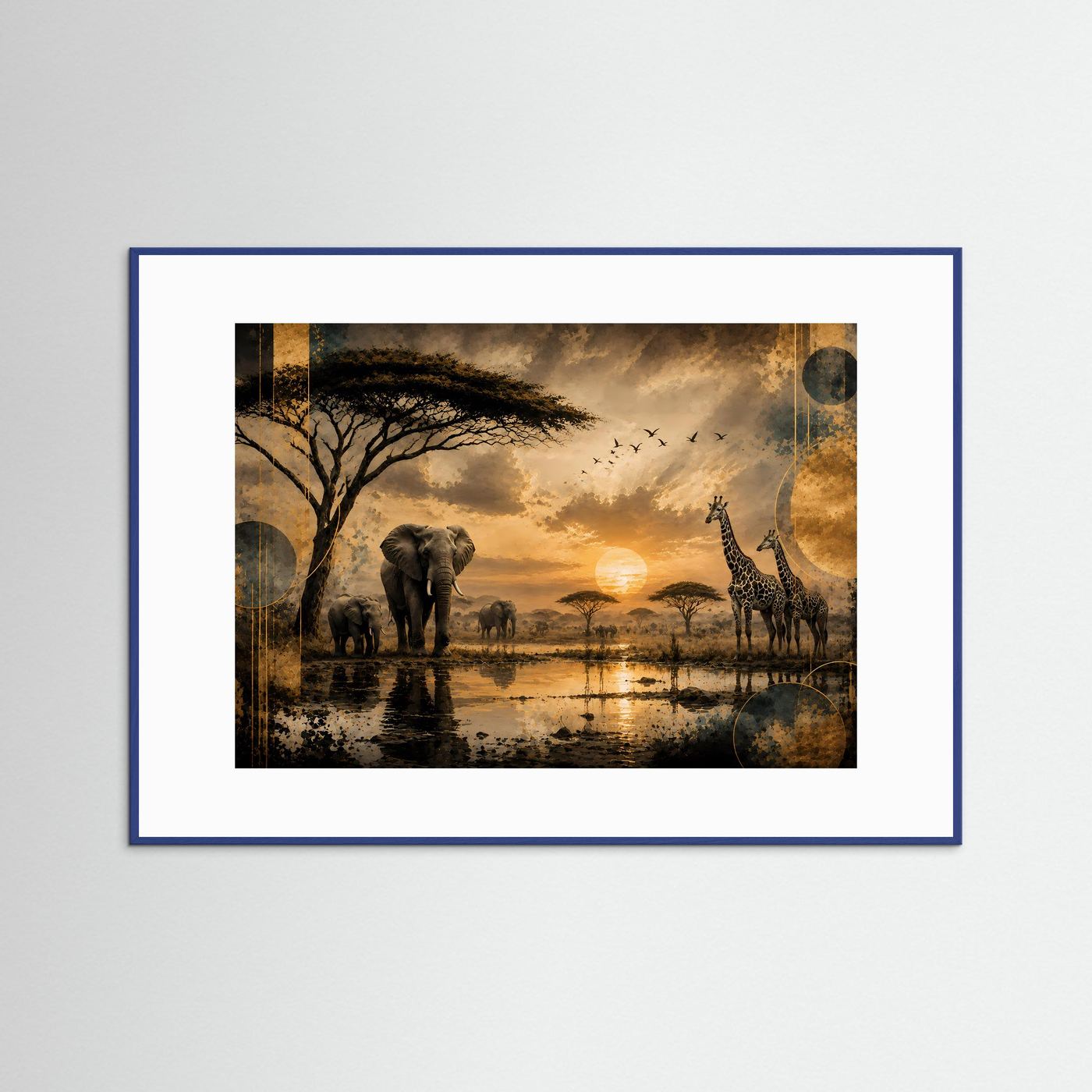 Querformat-Poster: Elefanten & Giraffen in afrikanischer Savanne, goldener Sonnenuntergang, blauer Rahmen
