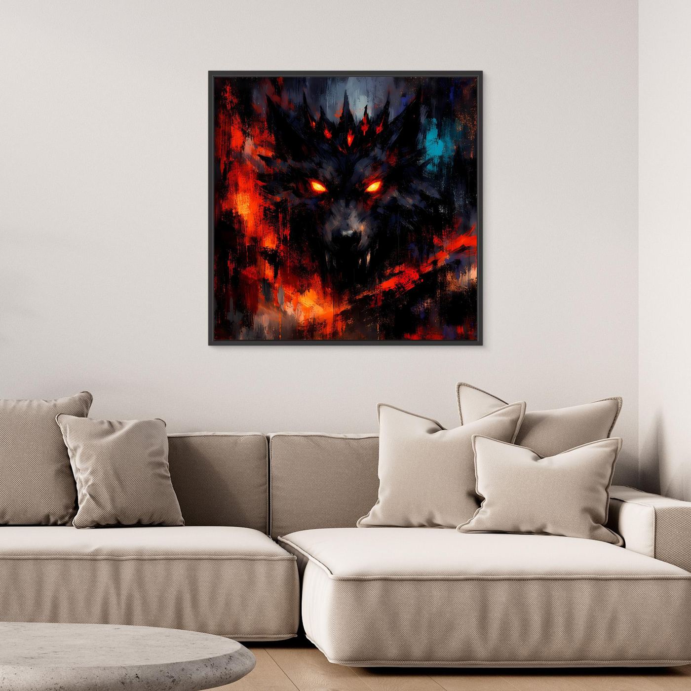 Abstraktes Leinwand-Wandbild mit Wolfsgesicht, leuchtend rot/orange, dunkler Rahmen