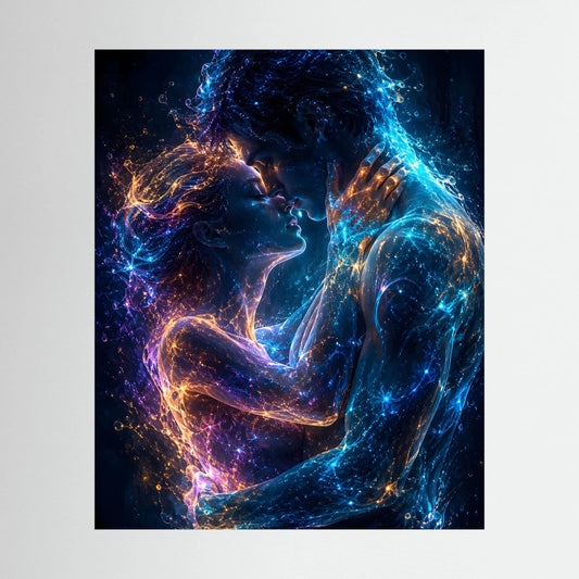Kunstposter im Hochformat mit leuchtendem Paar in Blau, Violett und Gold