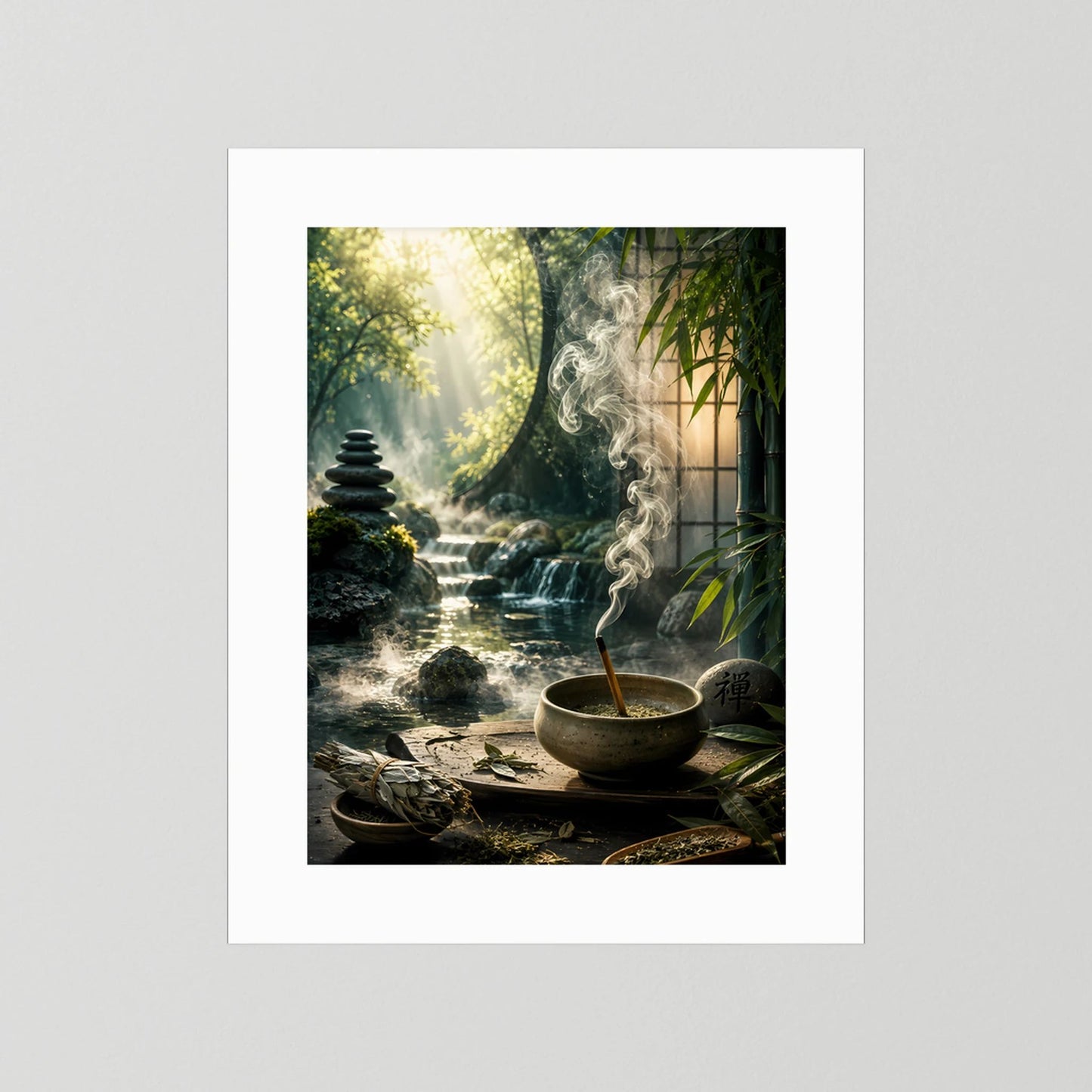 Poster im Hochformat mit breitem weißem Passepartout: Zen-Garten mit Räucherschale und Rauch