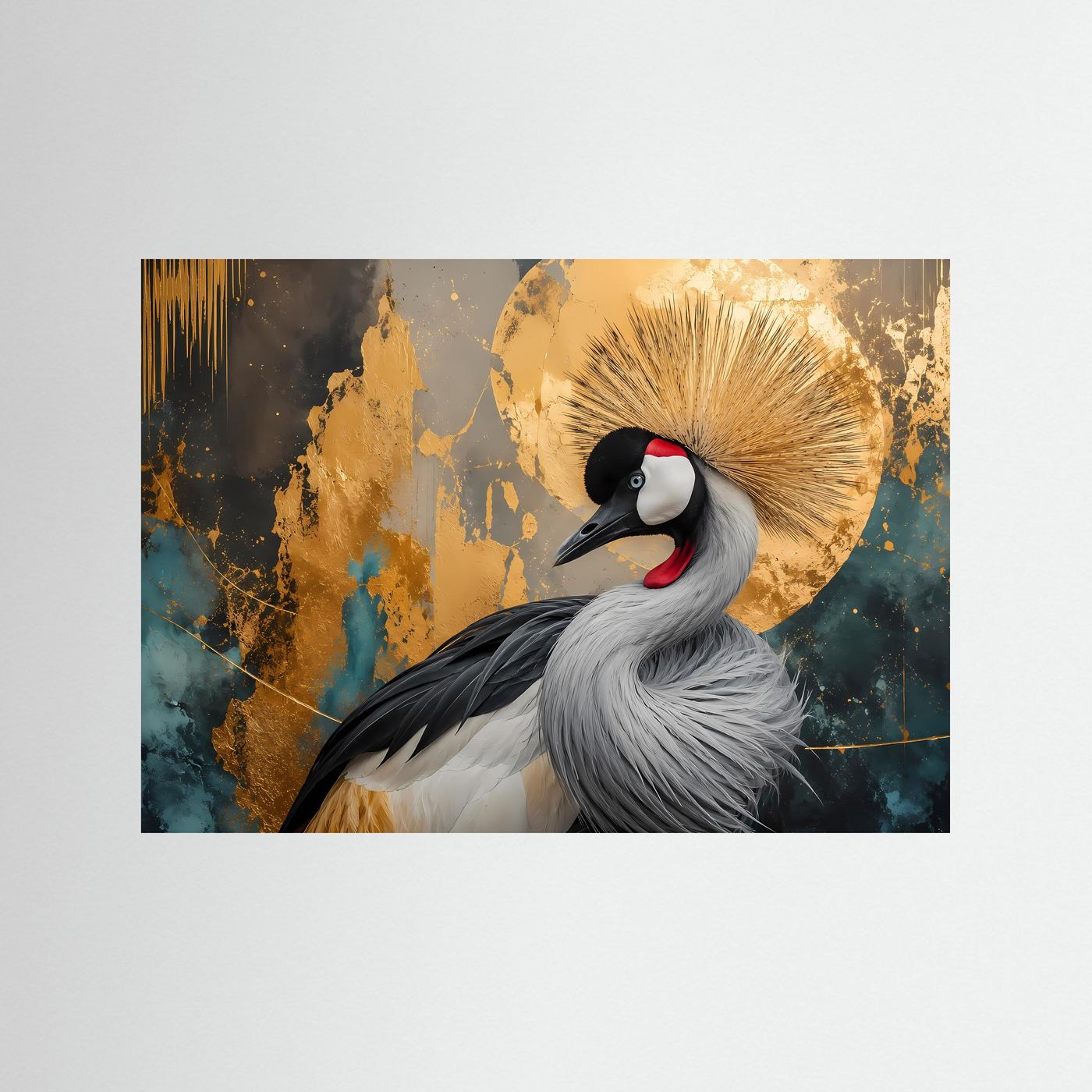 Majestätischer Kronkranich in Gold & Petrol | Modernes Wandbild mit Tier-Motiv & Fluid Art