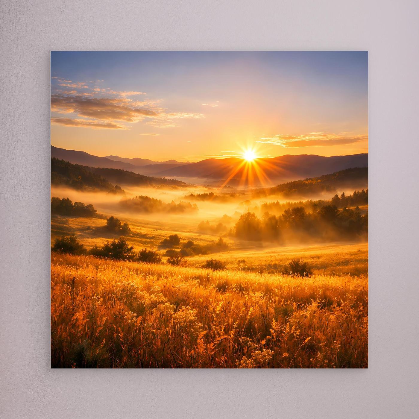 Leinwandbild mit Sonnenaufgang über goldenem Bergtal ohne sichtbaren Rahmen