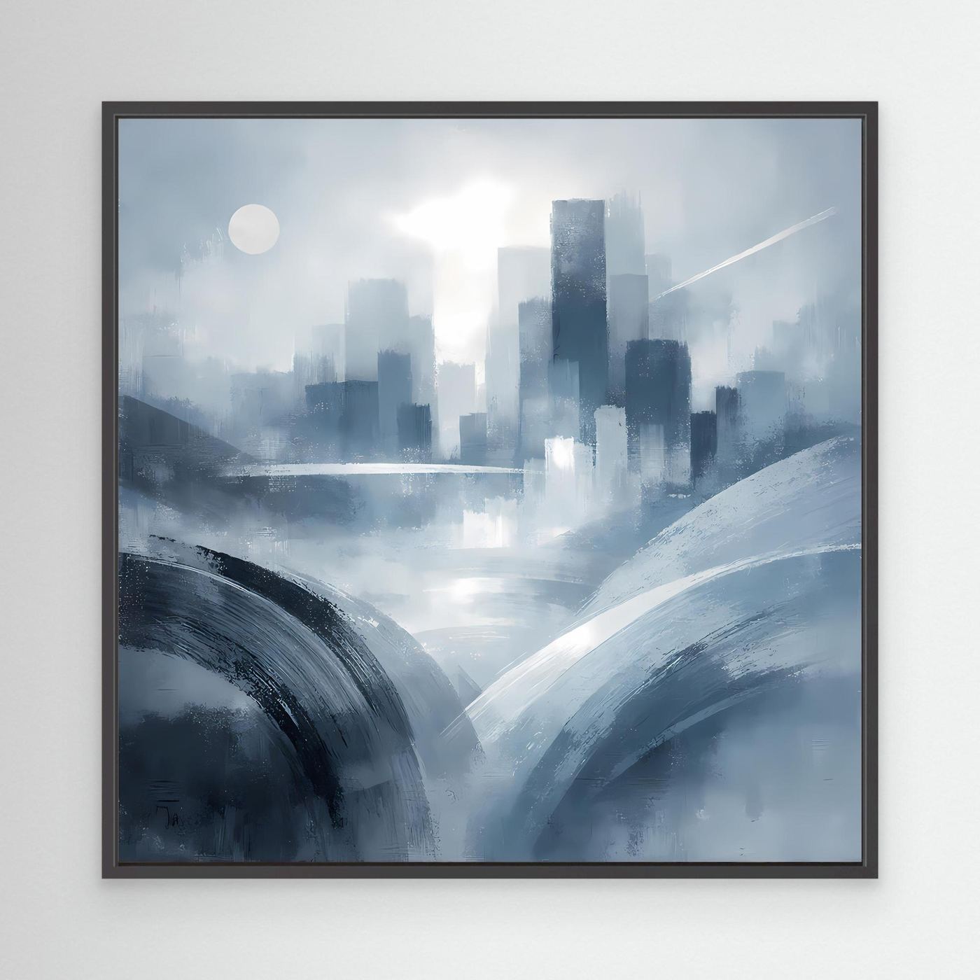 Leinwandbild abstrakte Futuristik-Skyline in Blau-Grau mit schwarzem Rahmen