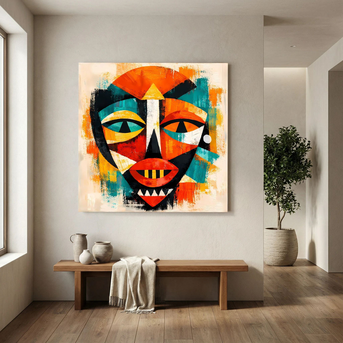 Leinwandbild abstrakte afrikanische Maske, geometrische Augen und lächelnder Mund in Rot