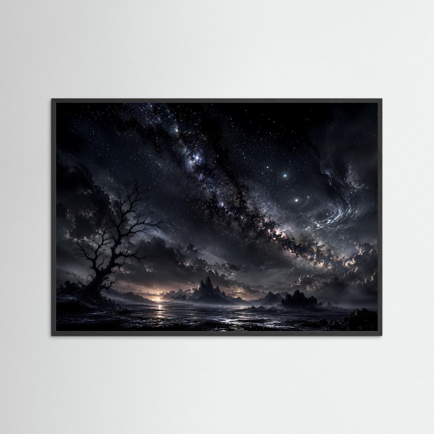 Milchstraße Poster Schwarz Weiß | Mystischer Sternenhimmel Landschaft | Kosmische Nacht Wandbild | Fantasy Himmel | Moderne Himmelskunst