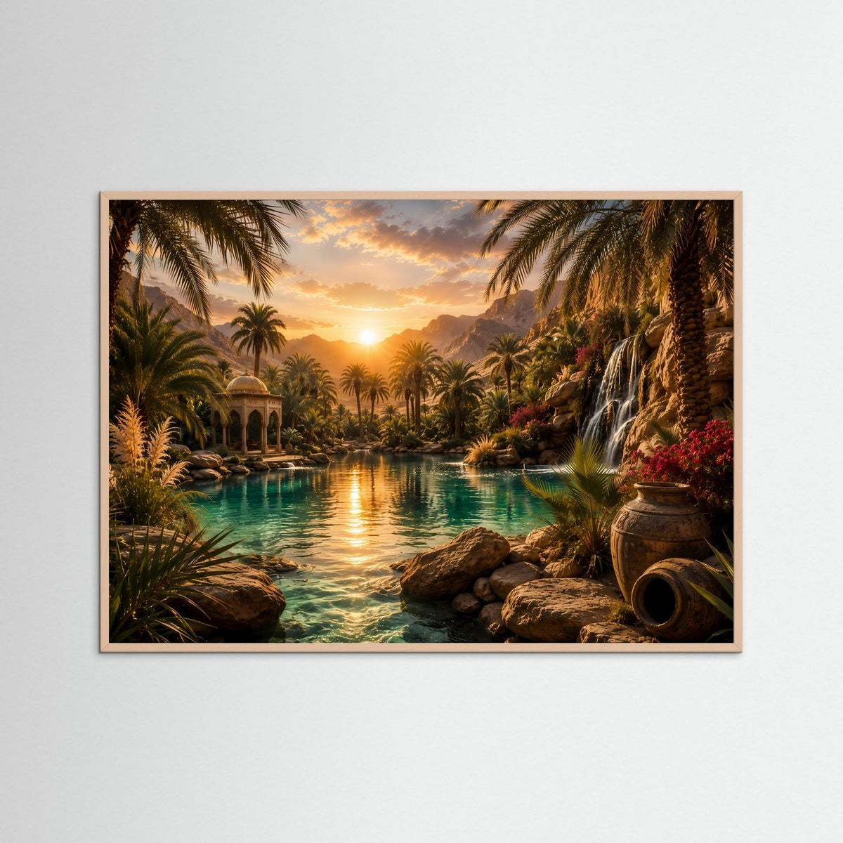 Poster im Querformat mit rosafarbenem Holzrahmen, Palmen, Sonne, Wasserfall am See