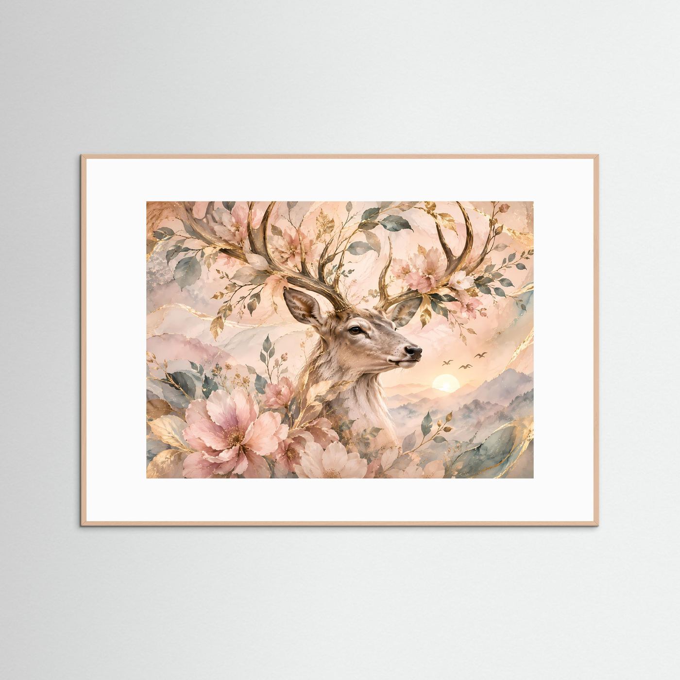Hirsch mit Blüten Poster | Eleganter Hirsch in floraler Naturkunst | Pastell Wandbild mit Goldakzenten | Romantische Waldkunst | Premium Leinwand & Wall Art