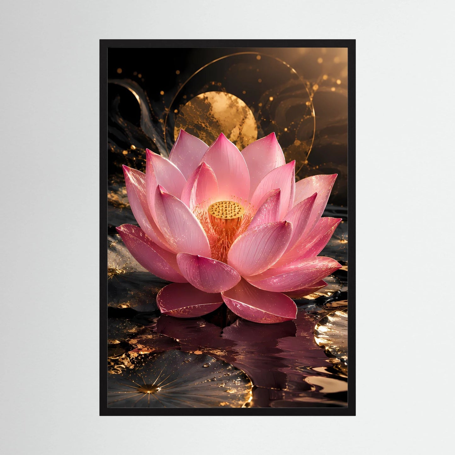 Lotusblüten-Poster im Hochformat mit schwarzem Rahmen, rosa Lotusblüte mit goldener Mitte