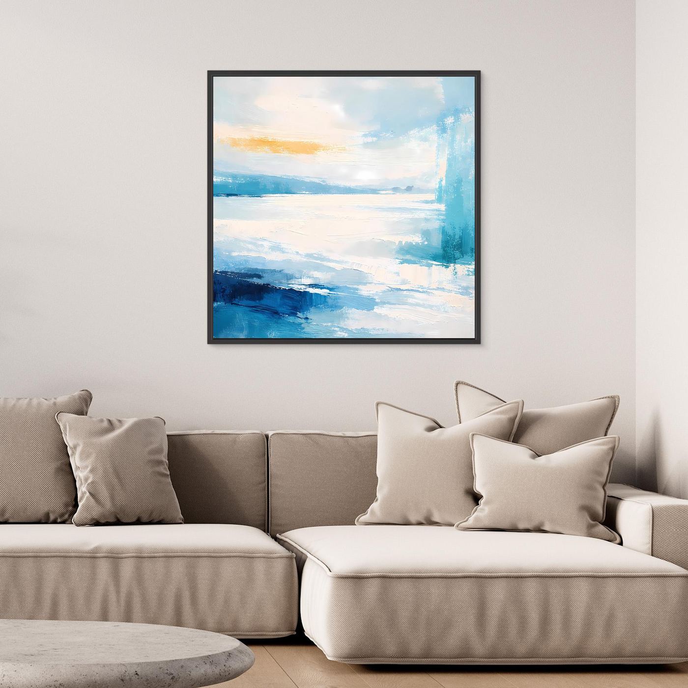 Wandbild mit maritimer Abstraktion in Blau und Weiß, schwarzer Rahmen