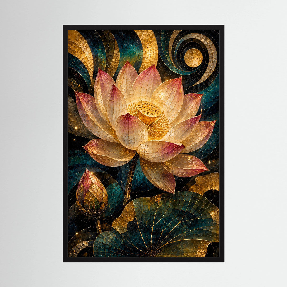 Poster mit Lotusblüte-Mosaik, goldene Blüten in Petrol und Rosa, schwarzer Rahmen