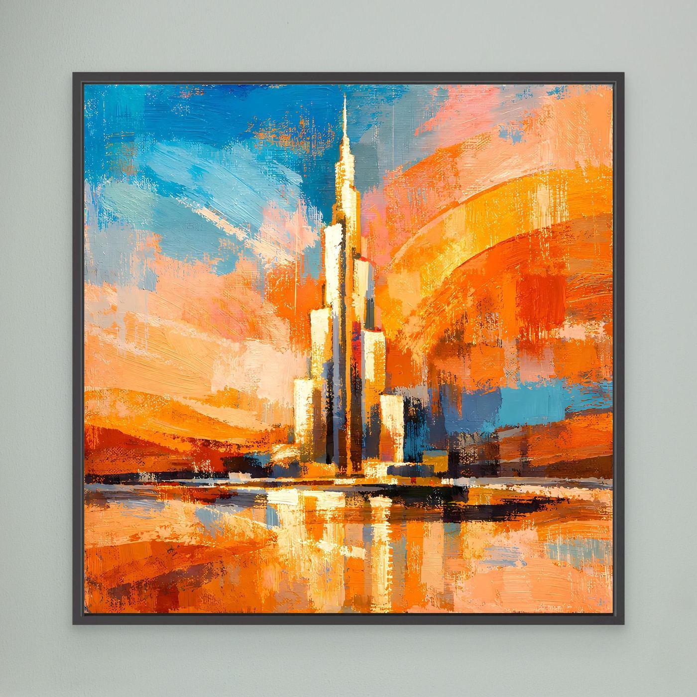 Leinwandbild mit abstraktem Burj-Khalifa-Motiv und Spiegelung, schwarzer Rahmen