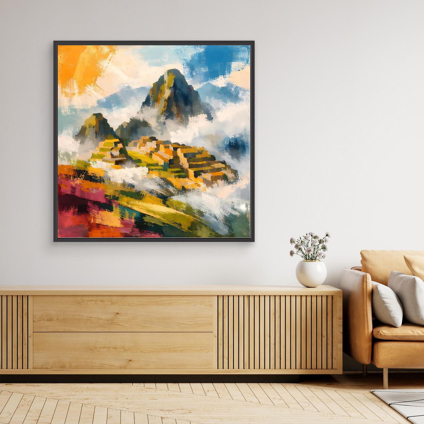 Gerahmtes Leinwand-Wandbild mit abstrakter Berglandschaft und Inka-Ruinen, dunkler Rahmen