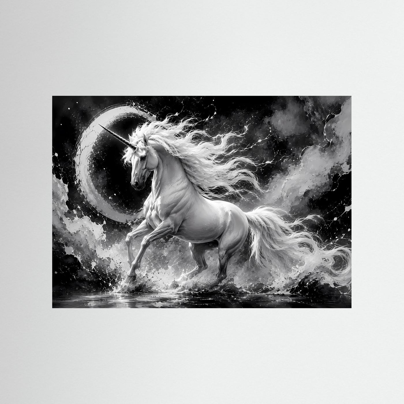 Einhorn Schwarz Weiß Poster Querformat | Mystische Fantasy Wandkunst | Monochrome Elegante Leinwandkunst