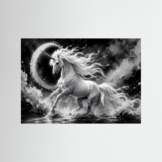 Schwarzweiß-Einhornposter im Querformat: Einhorn läuft vor großem Mond, dynamische Rauchwolken