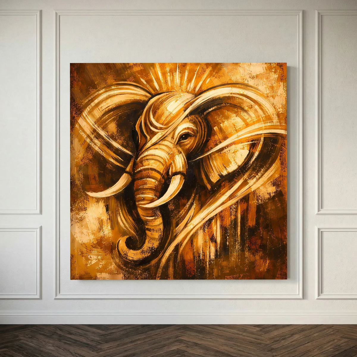 Abstraktes Leinwand-Wandbild mit Elefantenkopf im Ganesha-Stil, goldene Strahlen auf dunklem Grund