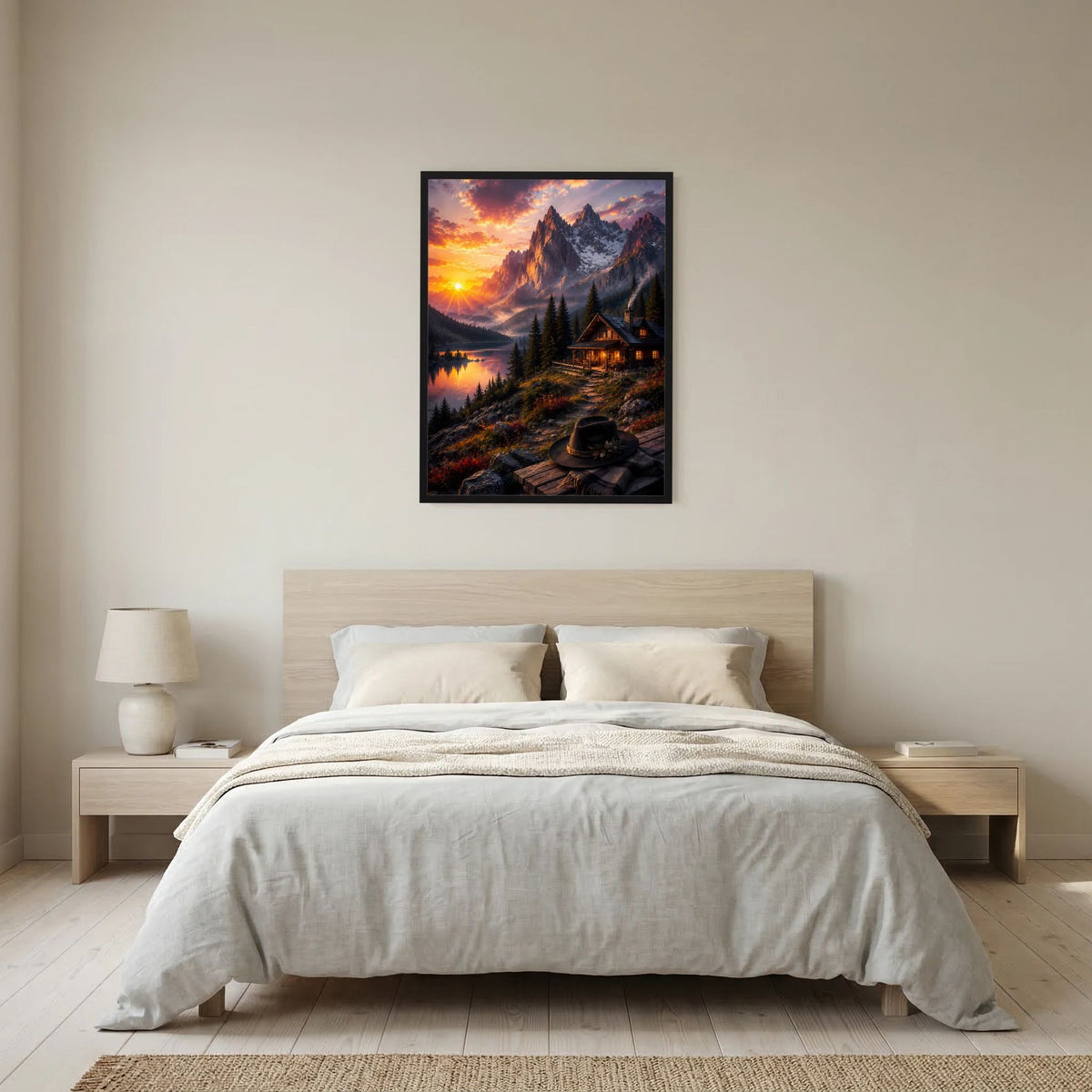 Hochformatiges Poster mit schwarzem Rahmen: Berge, See und Berghütte im Sonnenuntergang
