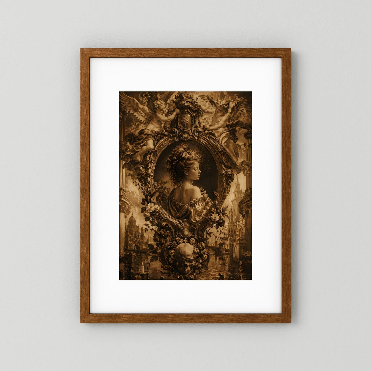 Gothic-Poster im Hochformat mit barocker Frau im Oval, Engelsfiguren und Blumenornamenten, Holzrahmen