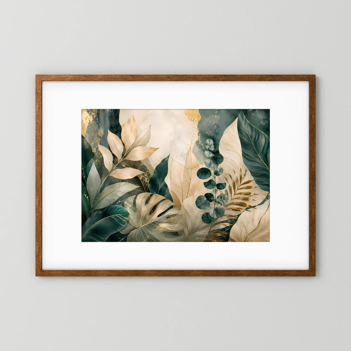 Gerahmtes Poster mit botanischem Blätterbild in Grün, Creme und Gold