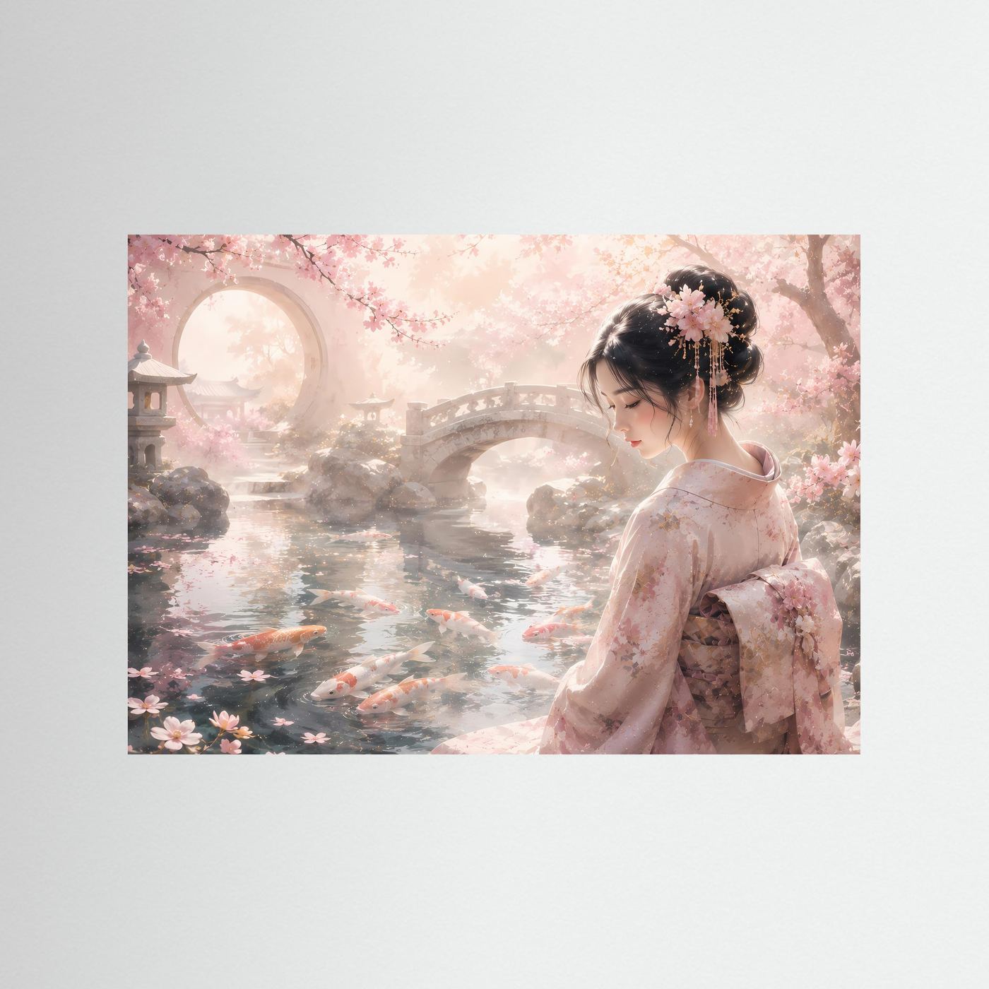 Japanisches Poster mit Geisha im Kimono am Koi-Teich und Kirschblüten, Querformat.