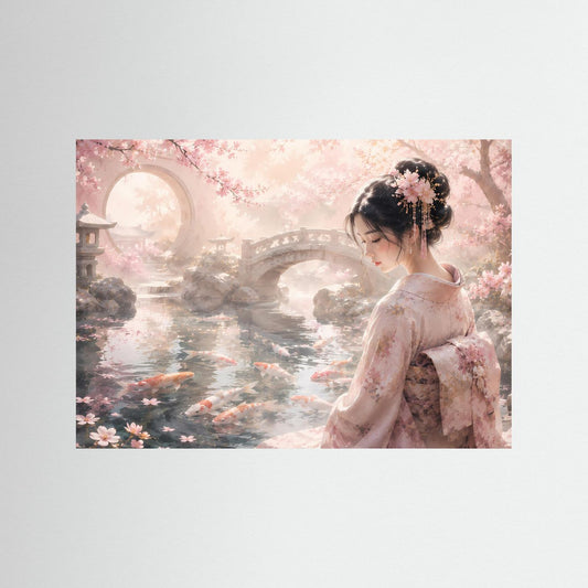 Japanisches Poster mit Geisha im Kimono am Koi-Teich und Kirschblüten, Querformat.
