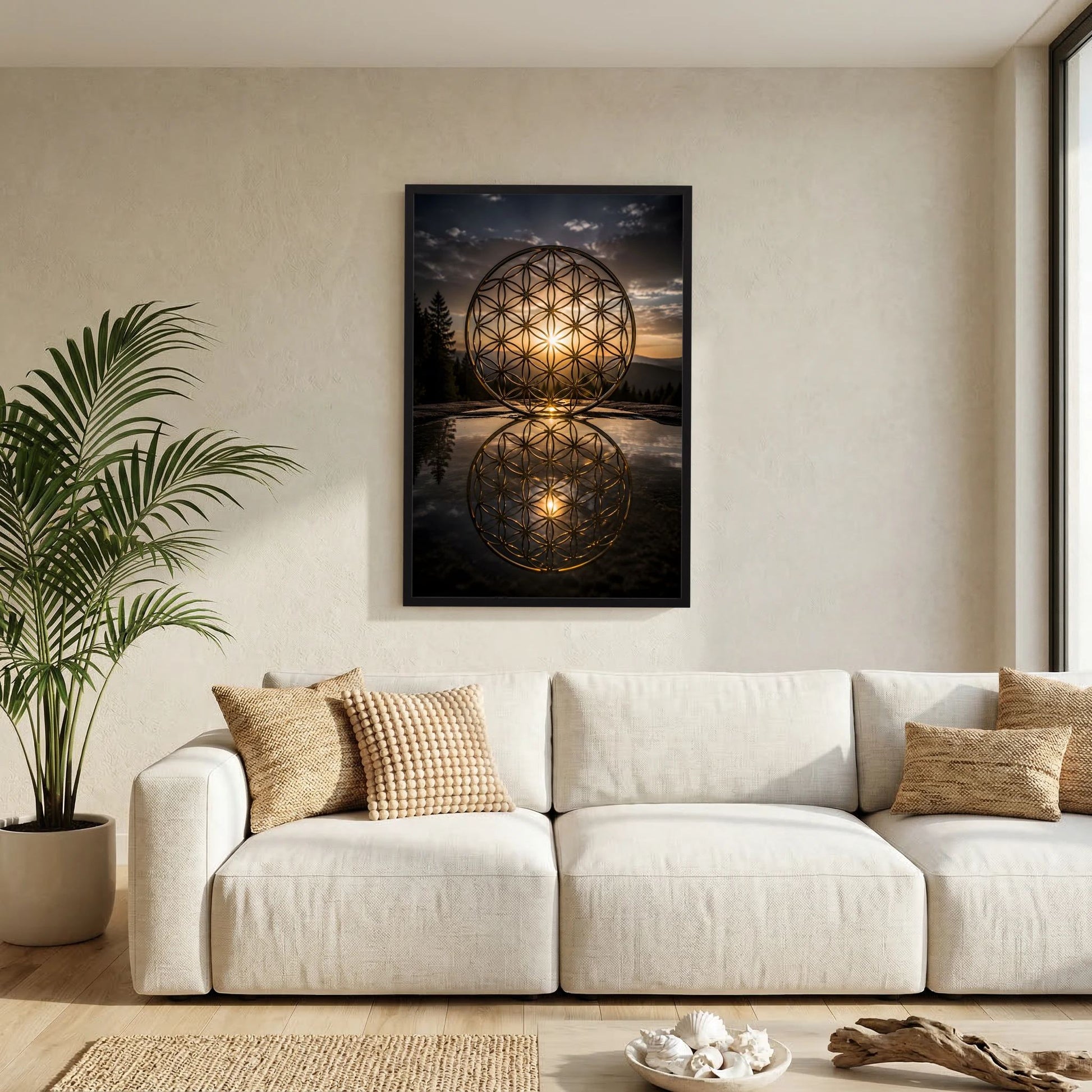 Hochformatiges Poster mit goldener Blume des Lebens in zwei reflektierten Kreisen, schwarzer Rahmen.