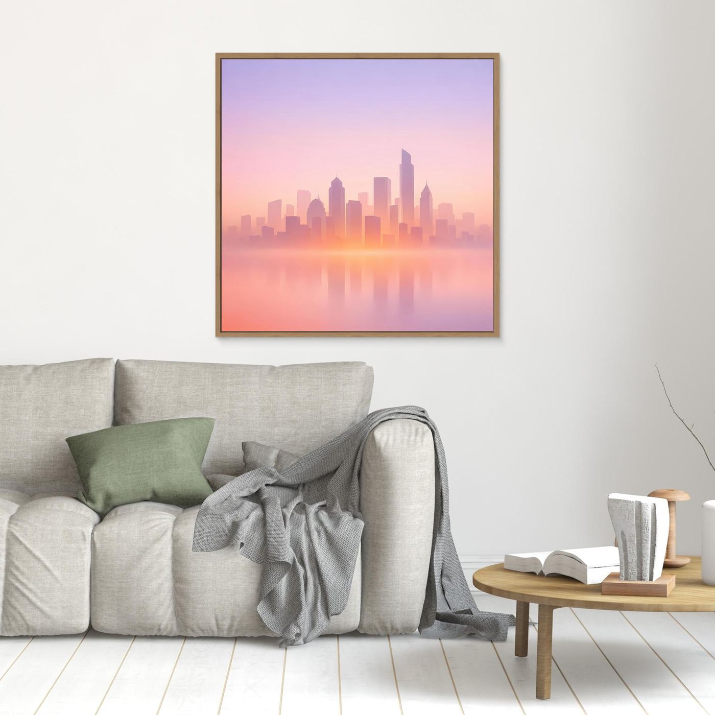 Quadratisches Leinwand-Wandbild mit Skyline im Dunst, brauner Holzrahmen