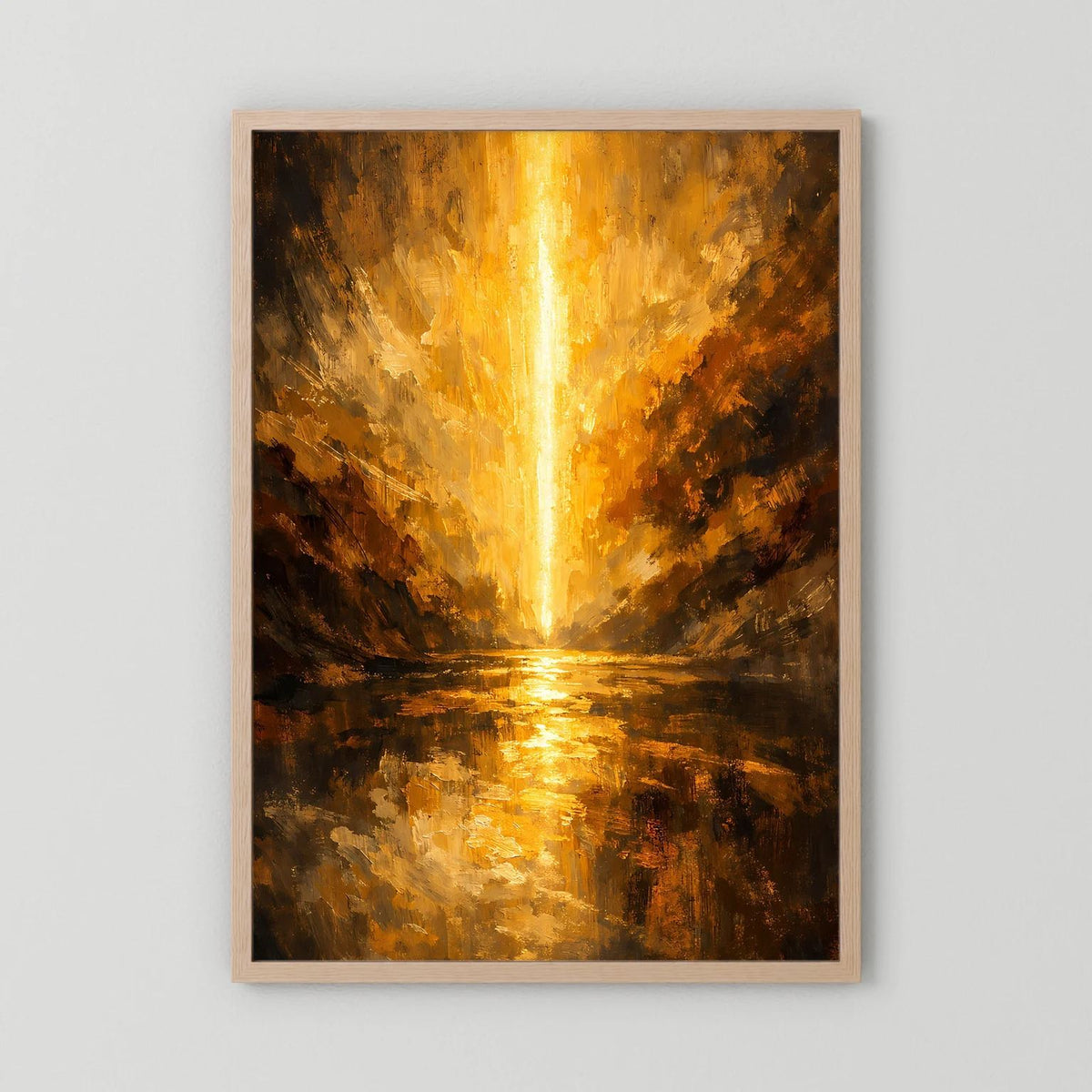Wandposter mit hellem Holzrahmen, gold-schwarze Schlucht mit vertikalem Lichtstrahl