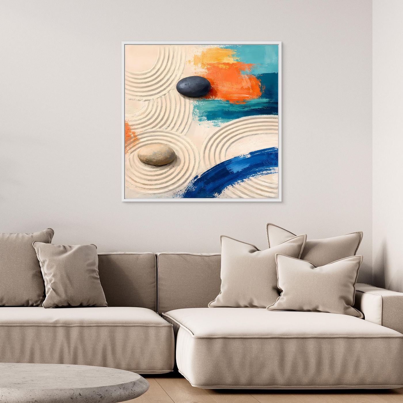 Leinwand Moderner Zen-Garten mit Steinen | Abstraktes Wandbild auf echter Leinwand