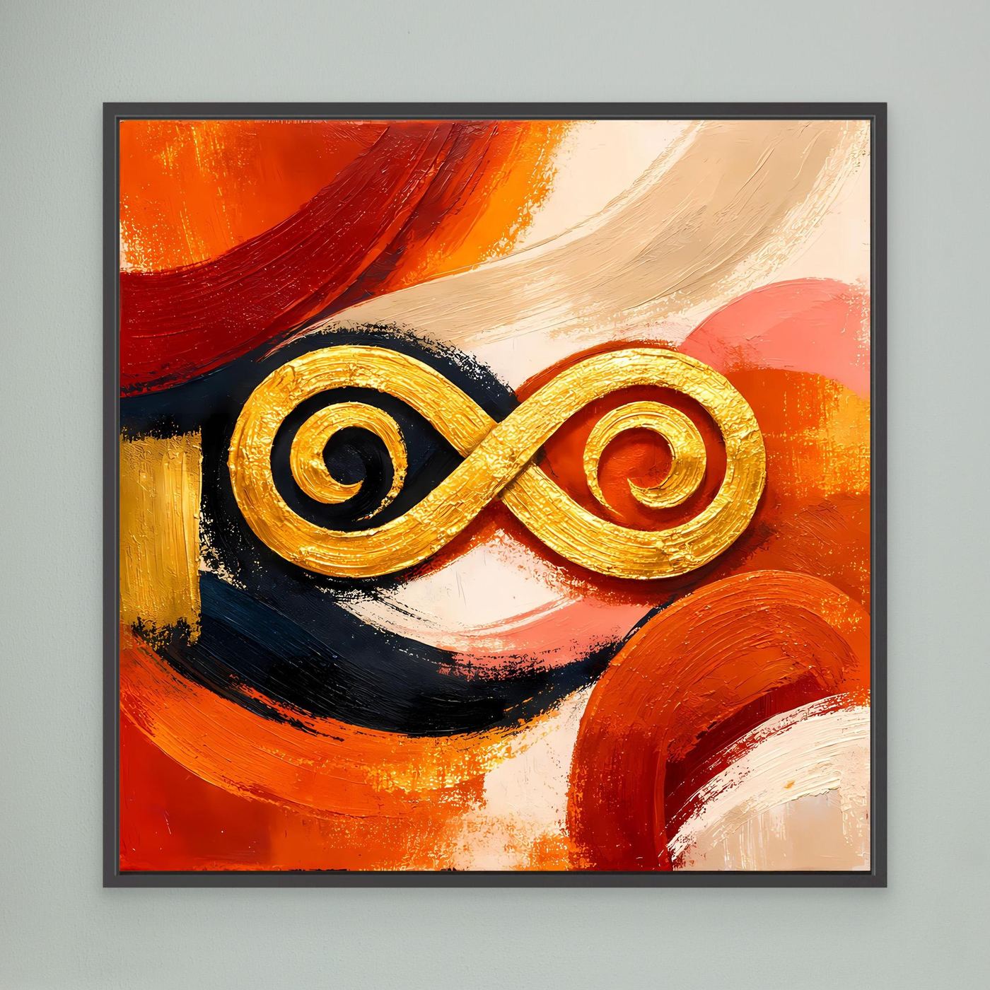 Leinwandbild mit goldenem Unendlichkeitszeichen im abstrakten Orange-Rot-Muster, schwarzer Rahmen