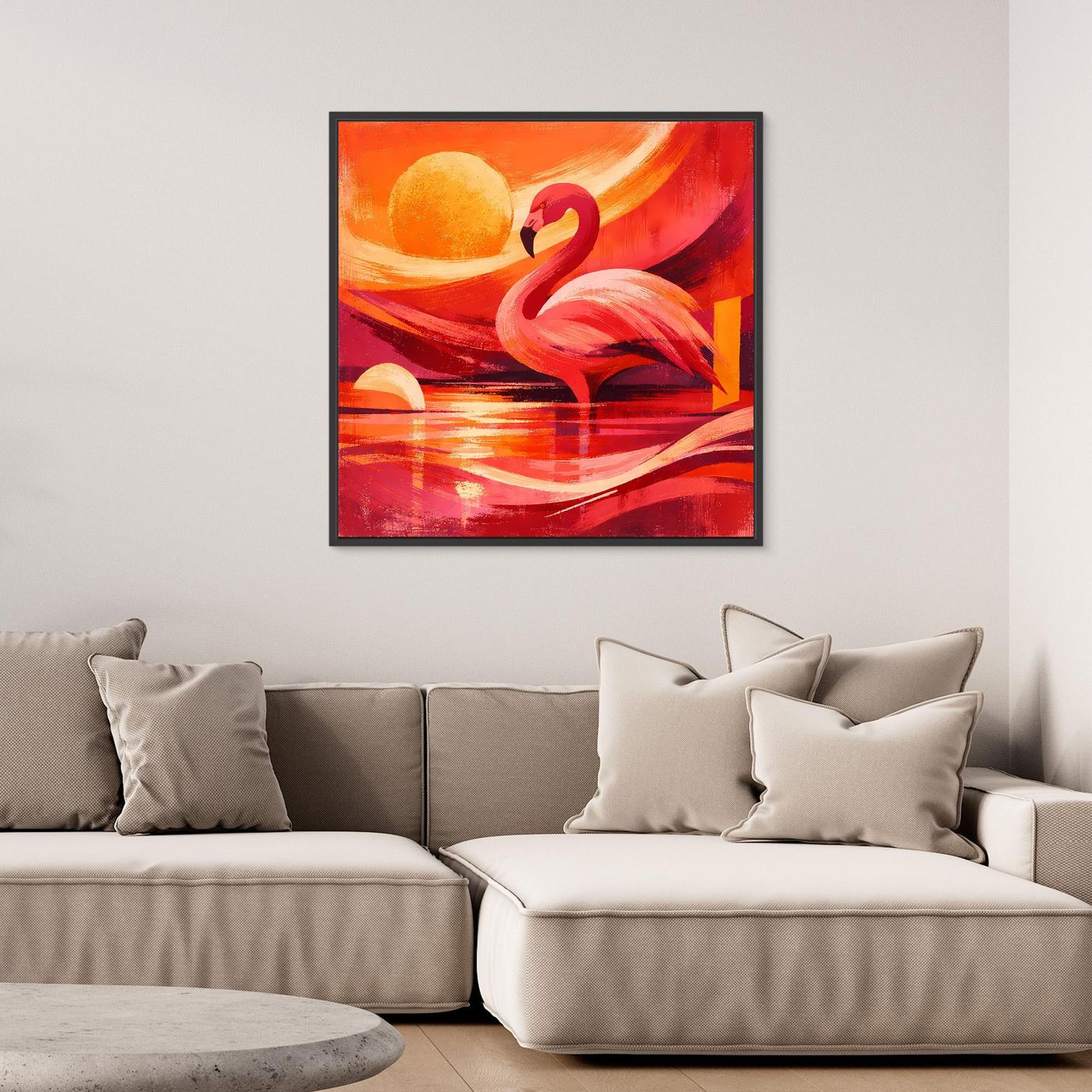 Leinwandbild mit pinkem Flamingo, rötlichen Wellen und großer orangefarbener Sonne