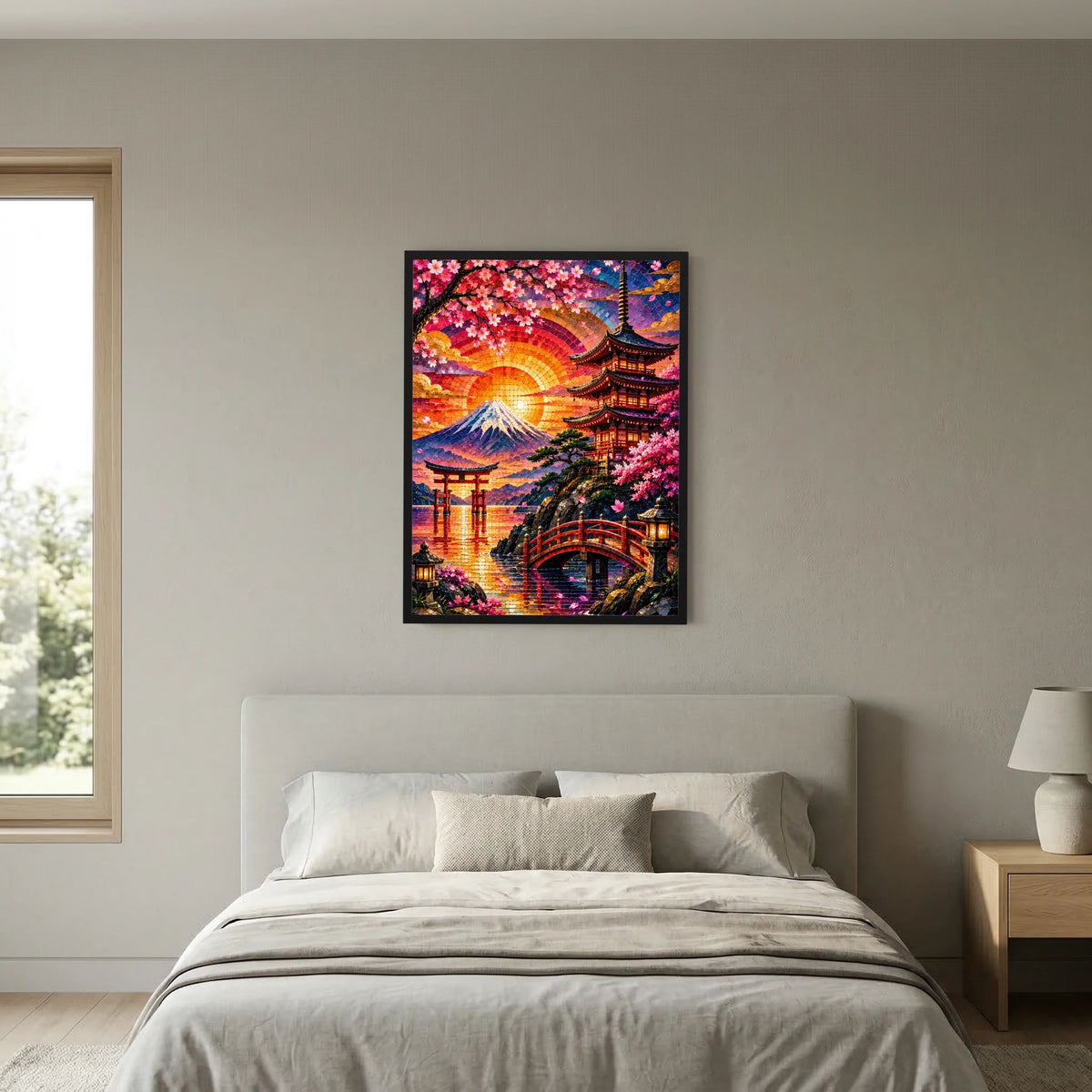 Wandposter im Hochformat mit schwarzem Rahmen, Mosaik-Landschaft mit Pagode und Sakura