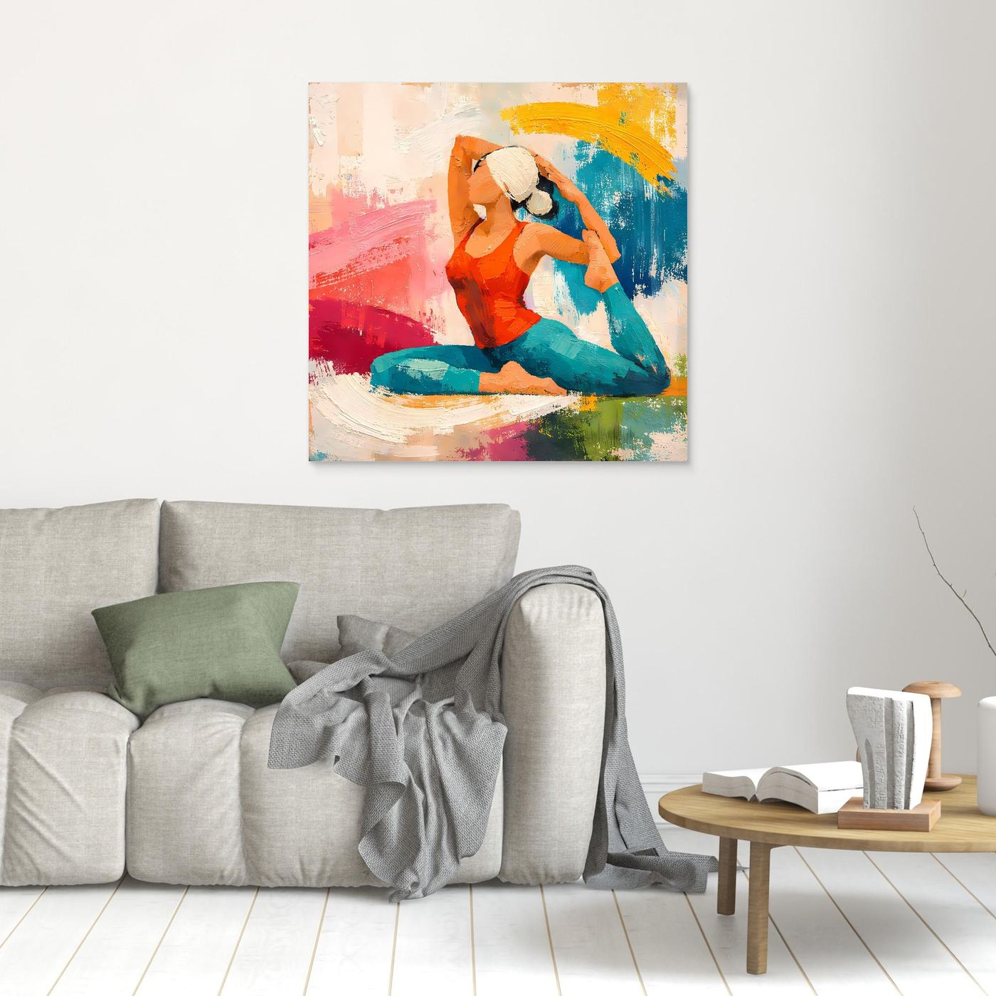 Leinwand-Wandbild: abstrakte meditierende Frau in Orange-Blau mit farbigen Flächen