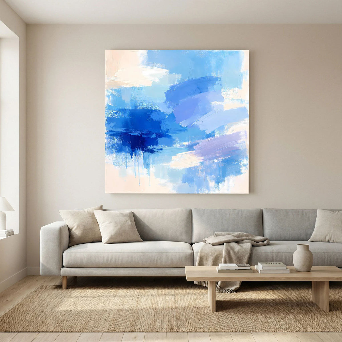 Leinwand Abstrakte Blaue Pinselstriche | Modernes Minimalistisches Wandbild Meer