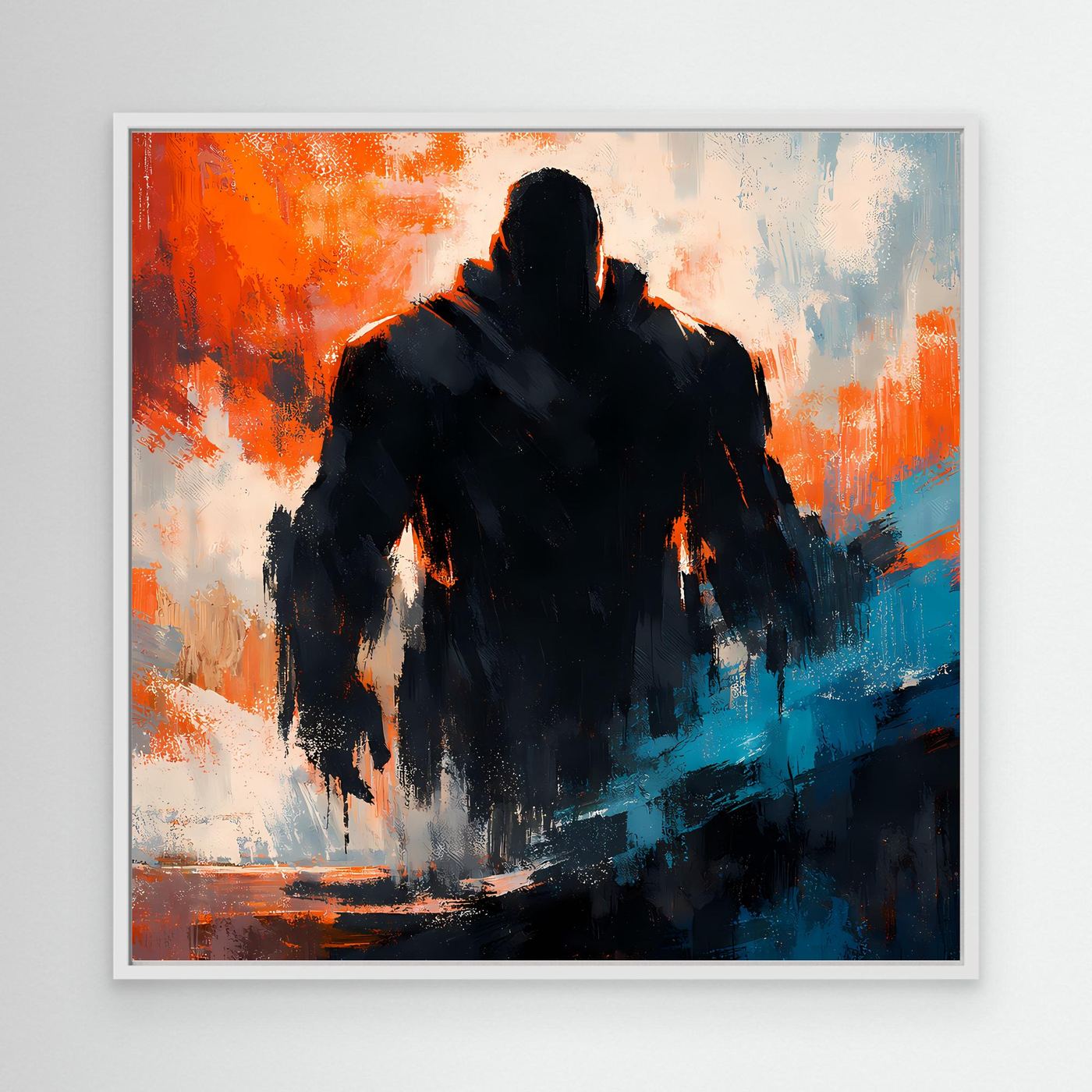 Abstraktes Wandbild auf Leinwand mit dunkler Figurensilhouette, orange und blau im weißen Rahmen