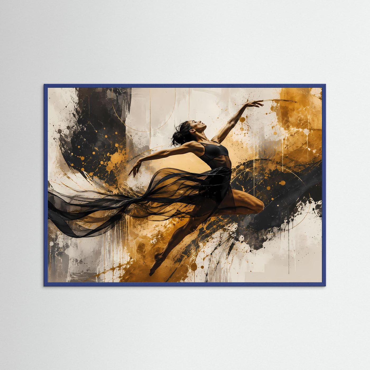 Dynamische Tänzerin in Schwarz, Weiß & Gold | Abstraktes Kunstposter im Querformat | Modernes Wandbild
