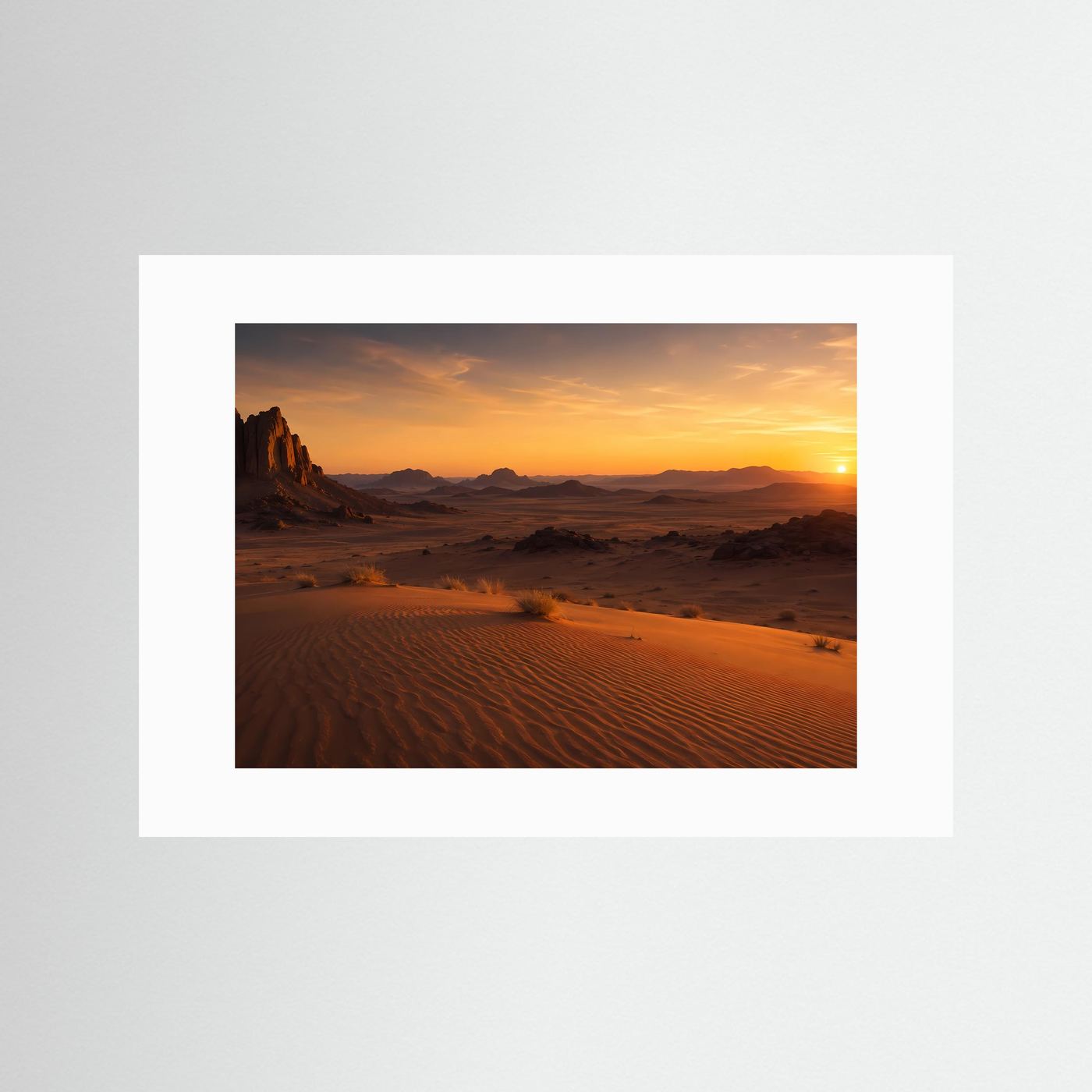 Goldene Wüstenlandschaft bei Sonnenuntergang | Felsen & Sanddünen